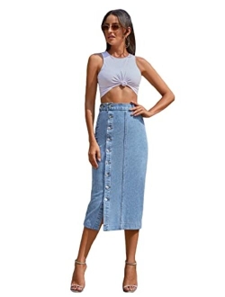 Women's High Rise Button Front Jean Skirt Split Hem Solid Long Denim Pencil Skirts