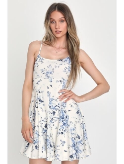 Adorable Sweetness Navy Blue Floral Print Linen Mini Dress