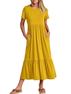 Women's Summer Casual Short Sleeve Crewneck Swing Dress Casual Flowy Tiered Maxi Beach Dress with Pockets