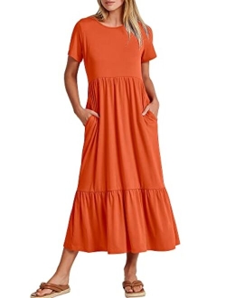 Women's Summer Casual Short Sleeve Crewneck Swing Dress Casual Flowy Tiered Maxi Beach Dress with Pockets