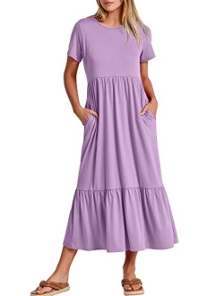 Women's Summer Casual Short Sleeve Crewneck Swing Dress Casual Flowy Tiered Maxi Beach Dress with Pockets