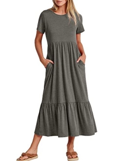 Women's Summer Casual Short Sleeve Crewneck Swing Dress Casual Flowy Tiered Maxi Beach Dress with Pockets