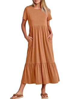 Women's Summer Casual Short Sleeve Crewneck Swing Dress Casual Flowy Tiered Maxi Beach Dress with Pockets