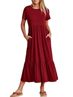 Women's Summer Casual Short Sleeve Crewneck Swing Dress Casual Flowy Tiered Maxi Beach Dress with Pockets