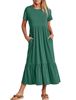 Women's Summer Casual Short Sleeve Crewneck Swing Dress Casual Flowy Tiered Maxi Beach Dress with Pockets
