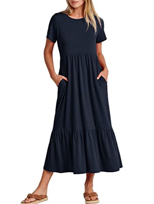 ANRABESS Women's Summer Casual Short Sleeve Crewneck Swing Dress Casual Flowy Tiered Maxi Beach Dress with Pockets