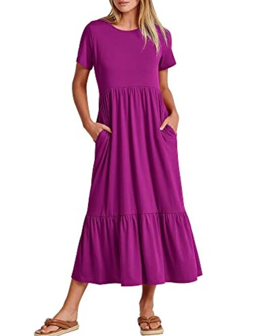 ANRABESS Women's Summer Casual Short Sleeve Crewneck Swing Dress Casual Flowy Tiered Maxi Beach Dress with Pockets