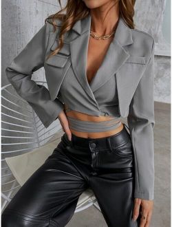 SXY Lapel Collar Flap Detail Wrap Knot Back Crop Blazer