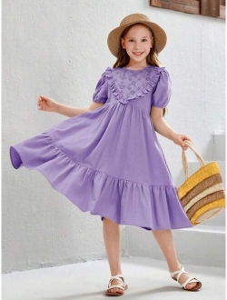 Girls Puff Sleeve Ruffle Hem Dress