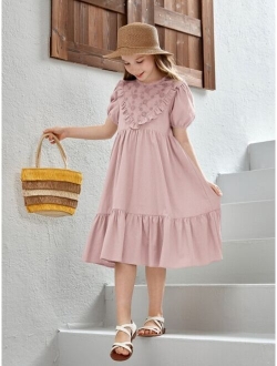 Girls Puff Sleeve Ruffle Hem Dress