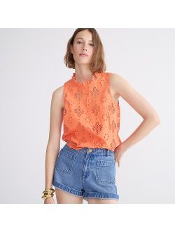 Sleeveless ruffle-trim top in eyelet