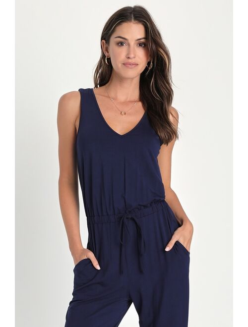 Lulus Positively Comfy Navy Blue Sleeveless Drawstring Lounge Jumpsuit