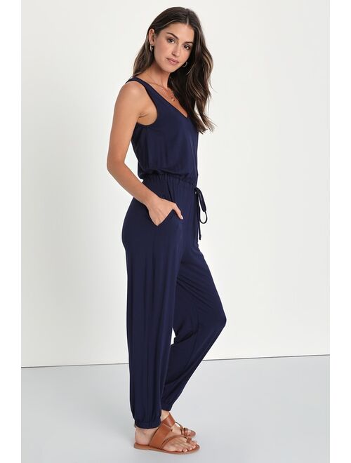 Lulus Positively Comfy Navy Blue Sleeveless Drawstring Lounge Jumpsuit