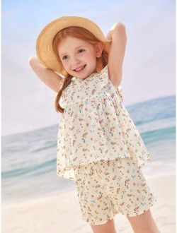 Toddler Girls Ditsy Floral Print Ruffle Trim Peplum Top & Bow Front Shorts