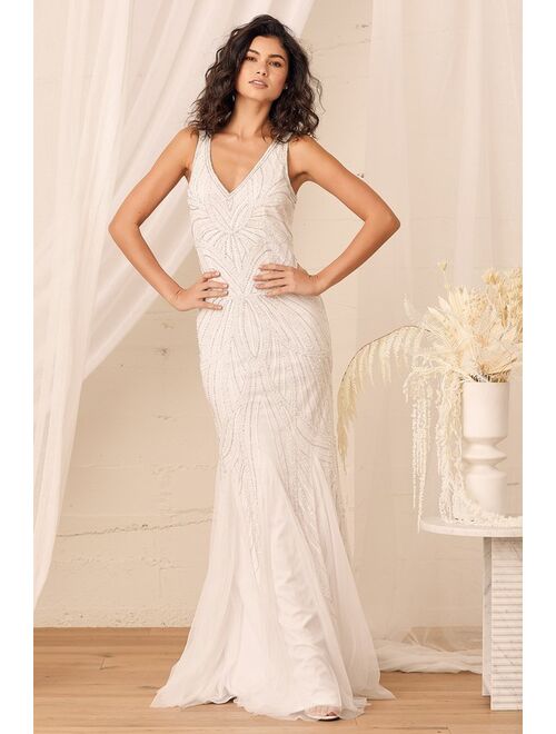 Lulus Make Them Marvel White Beaded Mermaid Maxi Dress