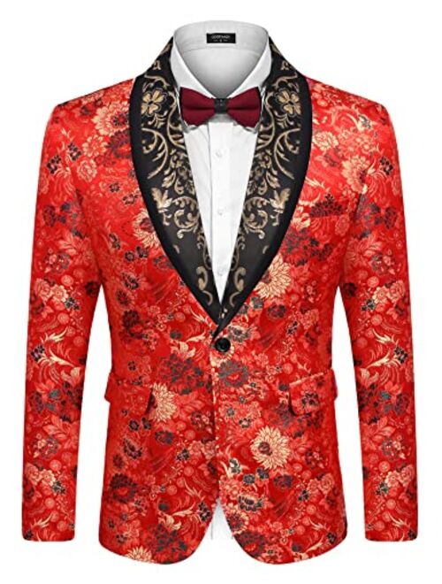 COOFANDY Men's Floral Tuxedo Jacket Luxury Embroidered Blazer Prom Party Dinner Suit Jacket