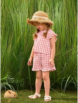 Toddler Girls Gingham Print Frill Wrap Blouse & Shorts Set