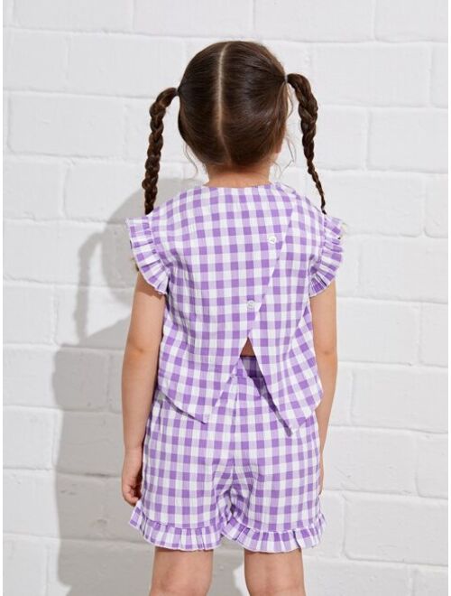 SHEIN Toddler Girls Gingham Print Frill Wrap Blouse & Shorts Set