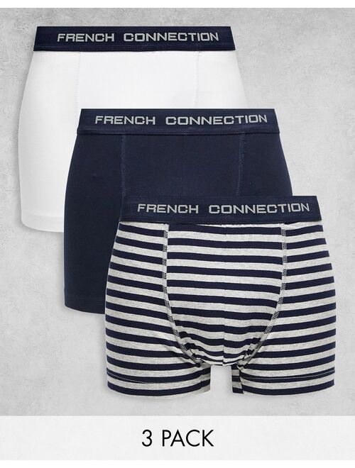 French Connection 3 pack boxers in white blue and black stripe