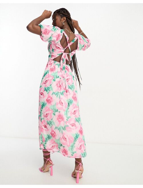 Miss Selfridge chiffon puff sleeve maxi dress in pink floral