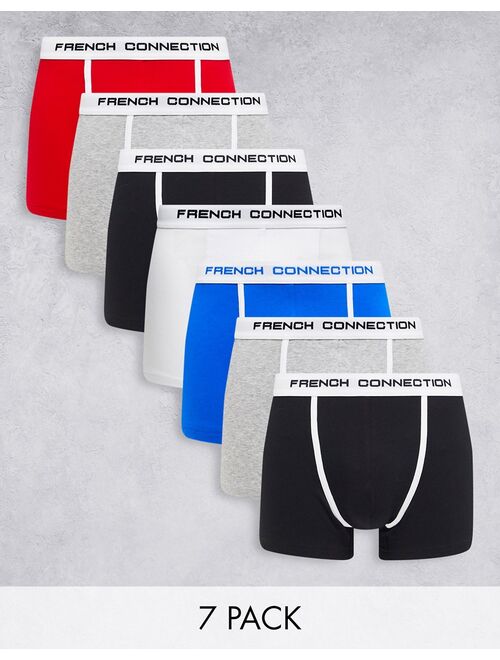 French Connection 7 pack boxers in black white blue red and gray