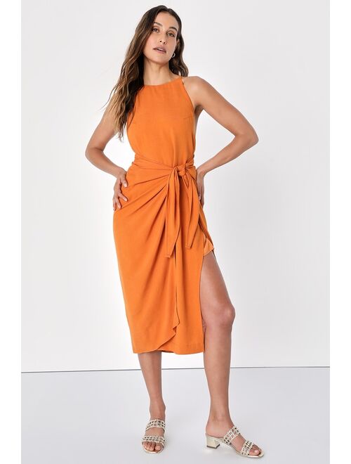 Lulus Malaga Moment Rust Orange Halter Faux Wrap Midi Dress