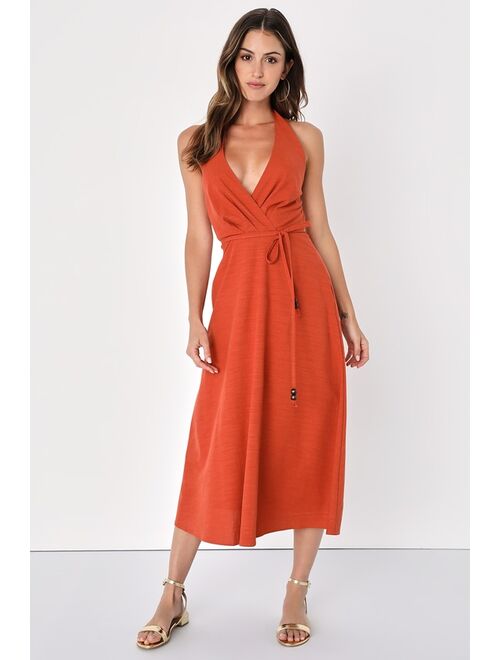 Lulus Vacay Aura Rust Orange Linen Halter Midi Dress With Pockets