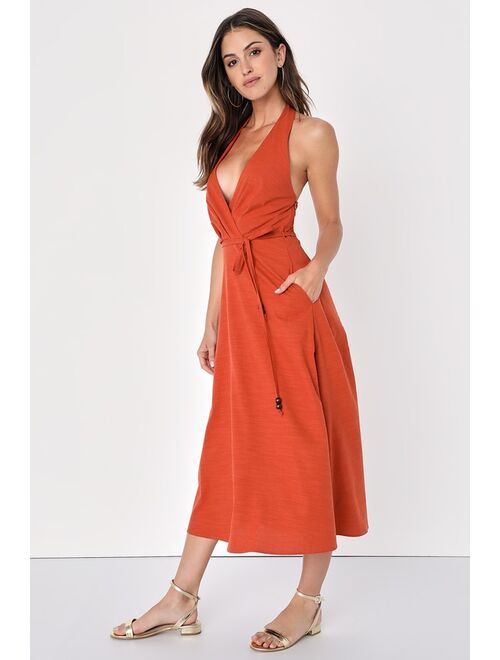 Lulus Vacay Aura Rust Orange Linen Halter Midi Dress With Pockets