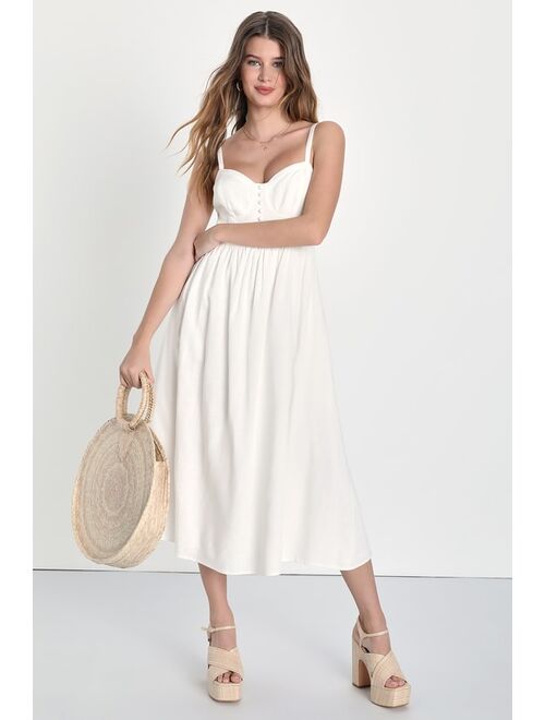 Lulus Feeling Adorable Pink Linen Bustier Midi Dress With Pockets