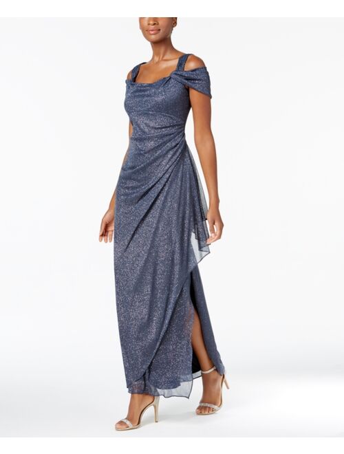 ALEX EVENINGS Cold-Shoulder Draped Metallic Gown