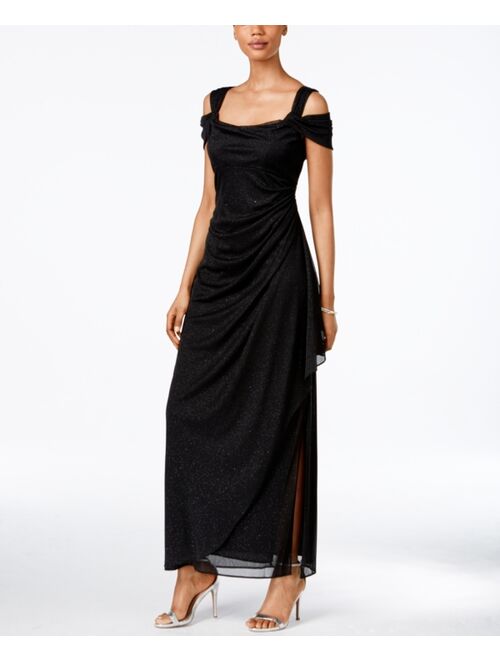 ALEX EVENINGS Cold-Shoulder Draped Metallic Gown