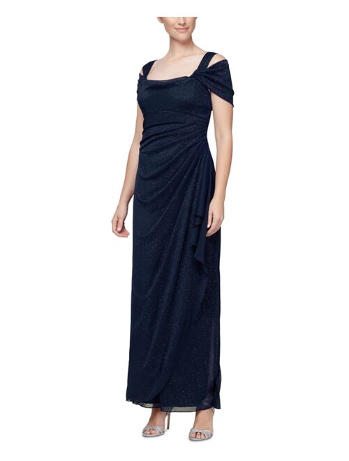 ALEX EVENINGS Cold-Shoulder Draped Metallic Gown