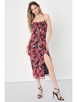 My Favorite Attention Navy Blue Floral Mesh Lace-Up Midi Dress