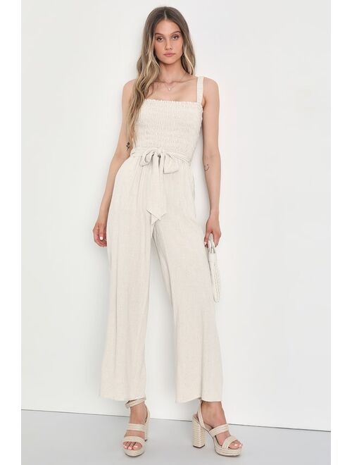 Lulus Summer Moments Beige Linen Smocked Wide-Leg Jumpsuit