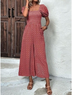 Ditsy Floral Print Puff Sleeve Wide Leg Jumpsuit