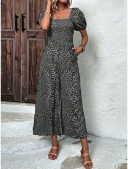 Ditsy Floral Print Puff Sleeve Wide Leg Jumpsuit