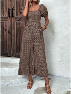 Ditsy Floral Print Puff Sleeve Wide Leg Jumpsuit
