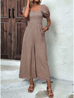 Ditsy Floral Print Puff Sleeve Wide Leg Jumpsuit