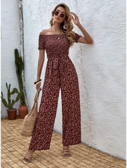 Ditsy Floral Bardot Shirred Belted Culotte Jumpsuit