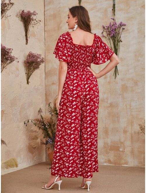 SHEIN VCAY 1pc Ditsy Floral Print Frill Trim Shirred Jumpsuit Without Belt