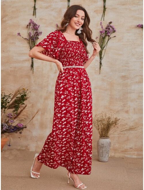 SHEIN VCAY 1pc Ditsy Floral Print Frill Trim Shirred Jumpsuit Without Belt