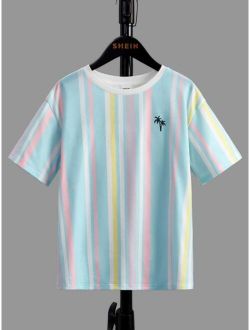 Boys Striped & Palm Tree Print Drop Shoulder Tee