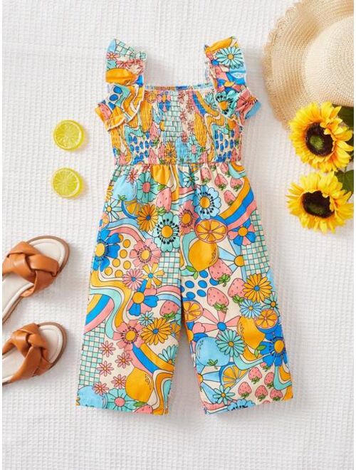 SHEIN Baby Floral Print Ruffle Trim Jumpsuit