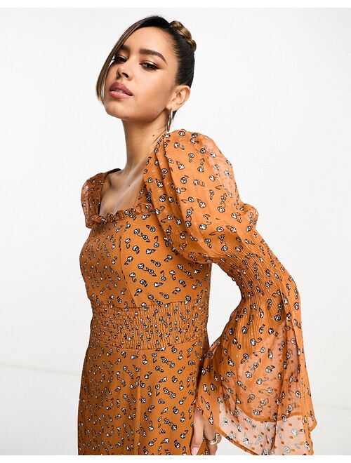 French Connection long sleeve maxi dress in brown floral