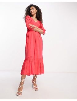 balloon sleeve boho midi dress in textured red