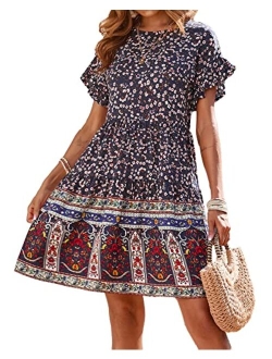 BTFBM Women's Casual Short Sleeve Boho Summer Dresses Crewneck Floral Print High Waist Beach Cute Mini Swing Flowy Dress