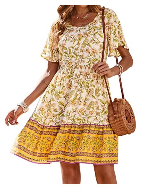 BTFBM Women's Casual Short Sleeve Boho Summer Dresses Crewneck Floral Print High Waist Beach Cute Mini Swing Flowy Dress