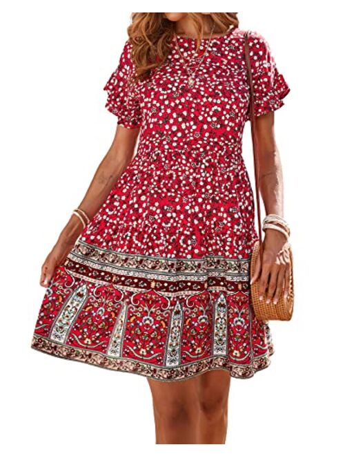 BTFBM Women's Casual Short Sleeve Boho Summer Dresses Crewneck Floral Print High Waist Beach Cute Mini Swing Flowy Dress