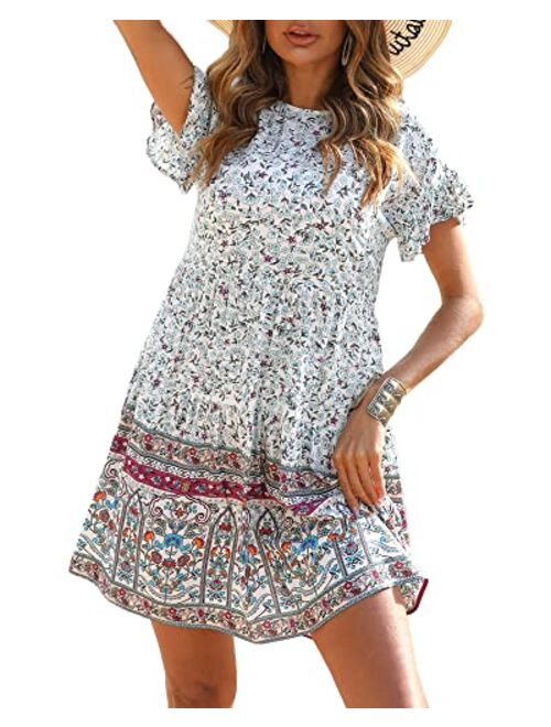 BTFBM Women's Casual Short Sleeve Boho Summer Dresses Crewneck Floral Print High Waist Beach Cute Mini Swing Flowy Dress