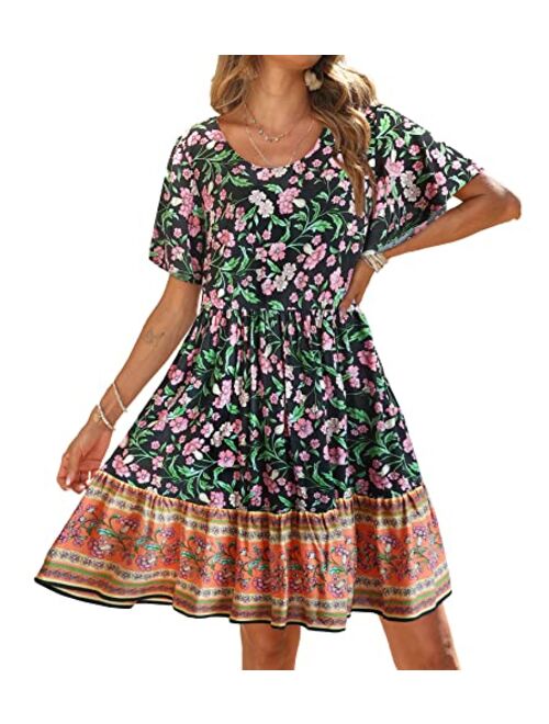 BTFBM Women's Casual Short Sleeve Boho Summer Dresses Crewneck Floral Print High Waist Beach Cute Mini Swing Flowy Dress